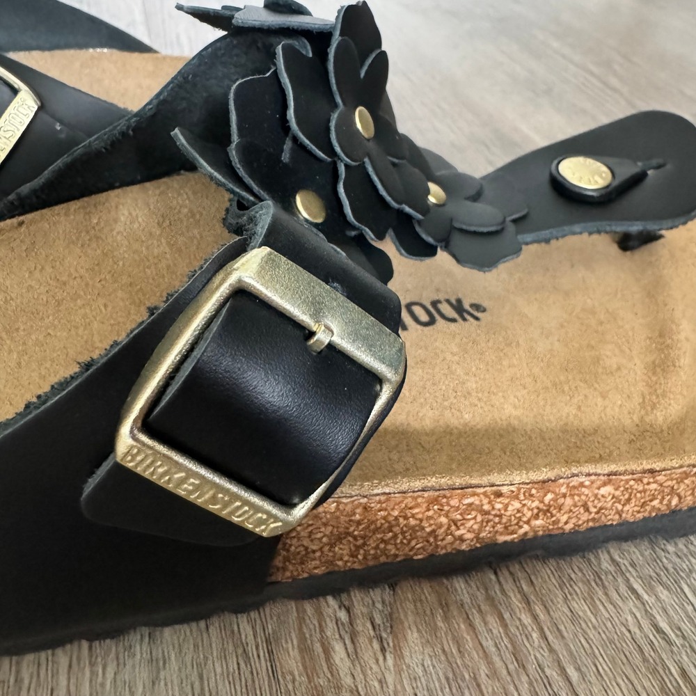 Birkenstock Gizeh Black Floral Leather Thong Sandals Womens 41 W10 M8 Germany - Picture 8 of 12